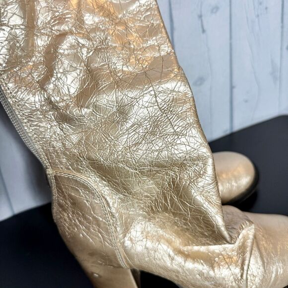 NEW Free People metallic gold crackle leather slouchy tall heel boots size 37 - Picture 3 of 13